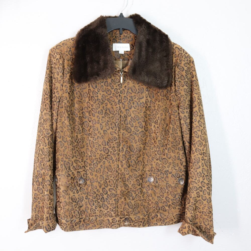 Vtg Erin London Jacket Women XL Faux Suede Fur Remove Collar Leopard Print